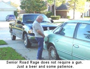 senior pissing into gas tank