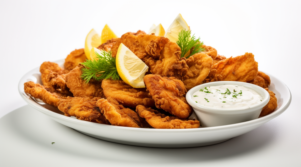 traditional New England fried clams on white background