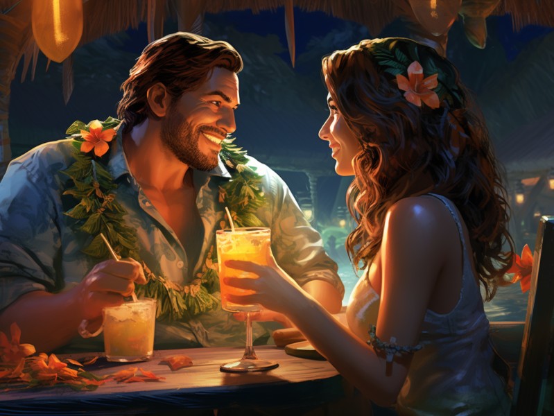 man and woman enjoying tropical drinks in tiki bar