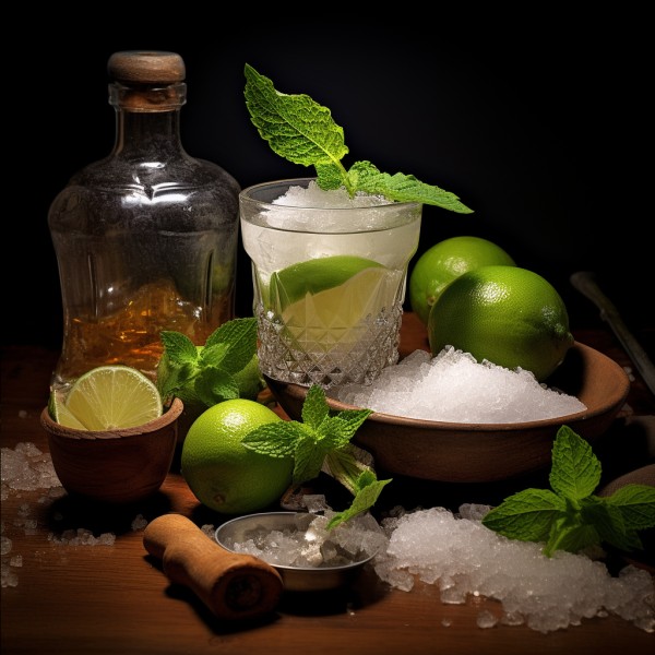 mojito_surrounded_mint_leaves_in_mortar_expensive_bottle_of_rum - Humor As Life's Essence ingredients for mojito