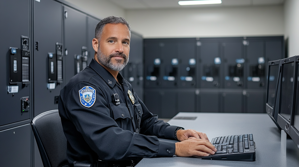 police officer entering information on computer in locker room