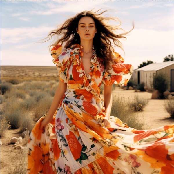 woman wearing flowy kimono with a desert background