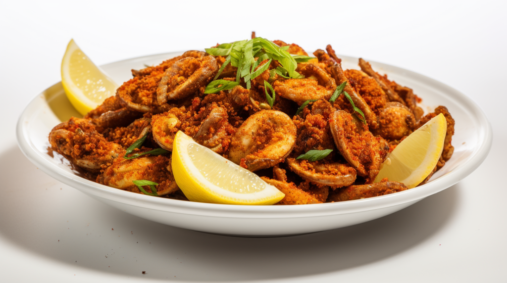 spicy cajun fried clams on white background